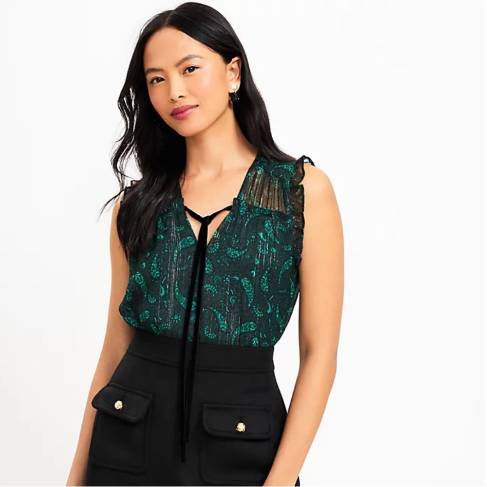 ⭐️PRICE DROP⭐️ LOFT shimmer paisley velvet flutter tie neck top